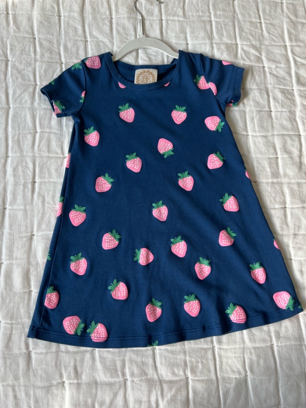 The Beaufort Bonnet Company Navy Blue Dress with Pink Strawberry Print